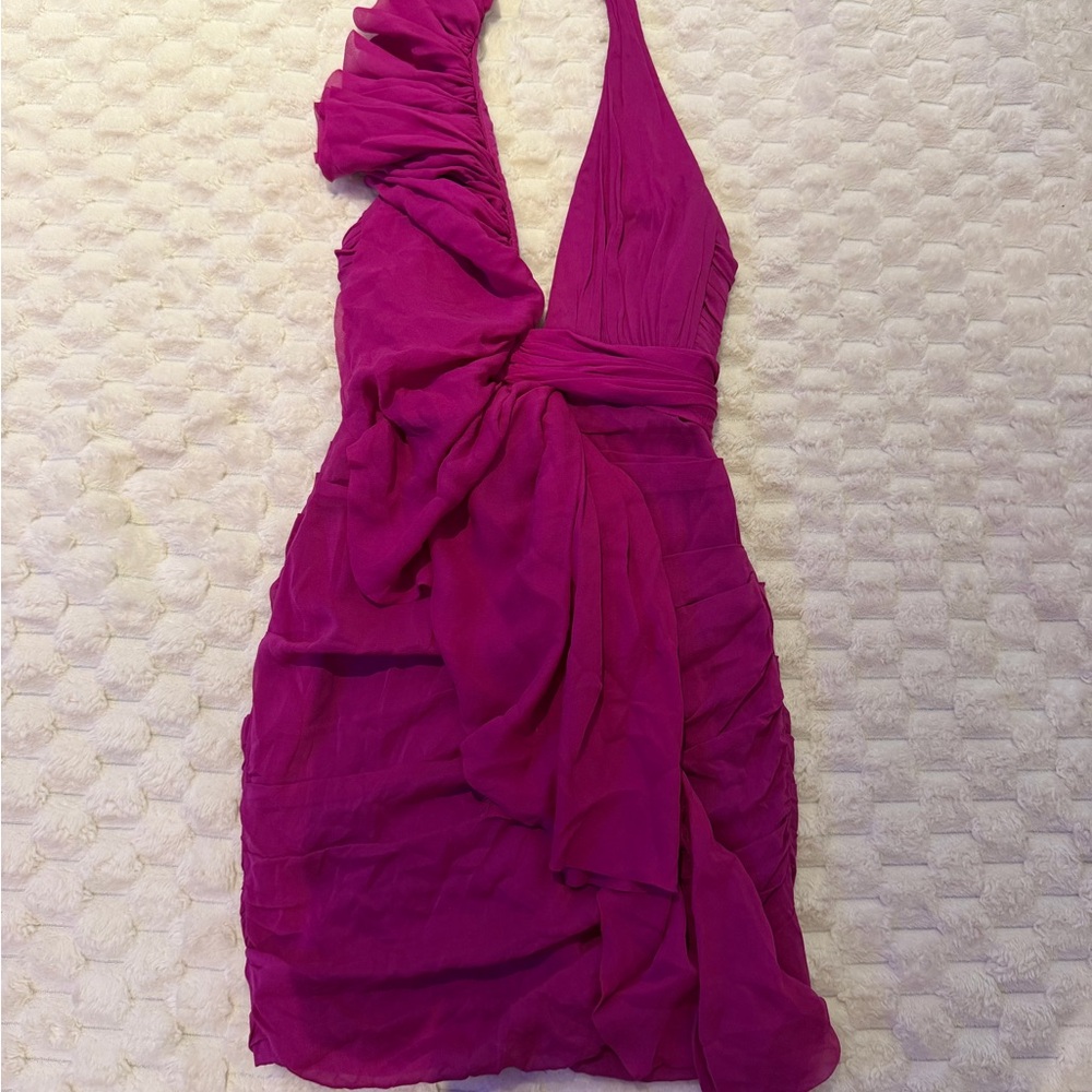 Fuchsia Halter Ruched Wrap Mini Dress
